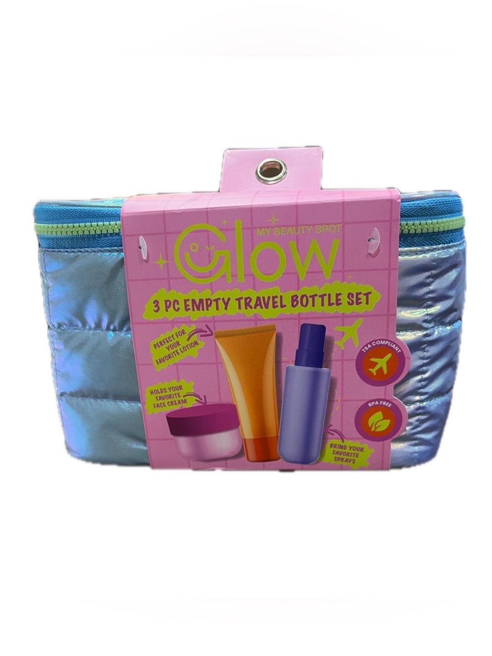 NWT My Beauty Spot Glow 3-piece Travel Bottle Set (Empty) and Cosmetic Bag